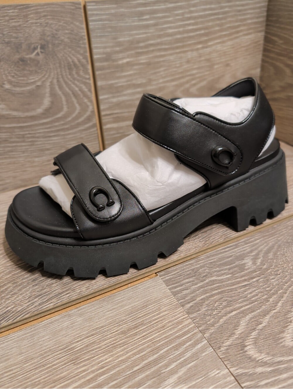 New Coach Brynn Platform Leather Sandals Black Size 10 B Lug Sole CAR57